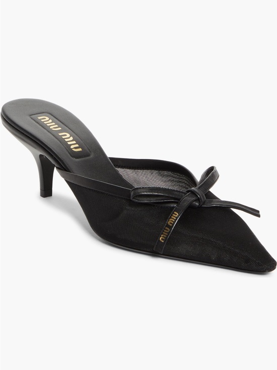 Shoes - Authentic Miu Miu Black Leather Bow Mesh Fabric 55mm Kitten Heel Mule 8.5US 38EU